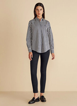 Brooks Brothers Regular Fit Gömlek Yaka Çizgili Lacivert Kadın Gömlek %100 Pamuk Çizgili Oversize Gömlek