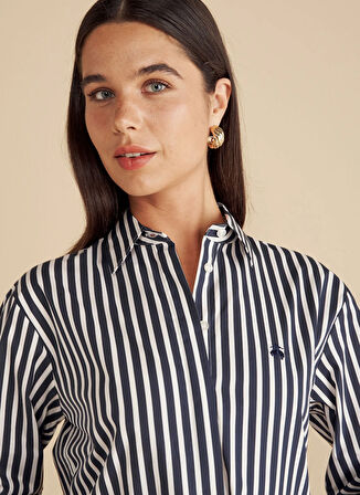 Brooks Brothers Regular Fit Gömlek Yaka Çizgili Lacivert Kadın Gömlek %100 Pamuk Çizgili Oversize Gömlek