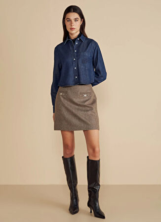 Brooks Brothers Normal Bel Kahve - Bej Kadın Balıksırtı Desenli Midi Etek Balıksırtı Desenli Metal Logo Tokal