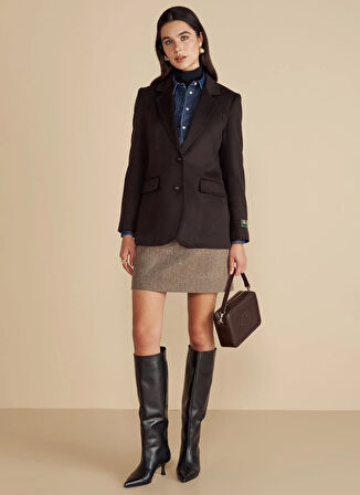 Brooks Brothers Normal Bel Kahve - Bej Kadın Balıksırtı Desenli Midi Etek Balıksırtı Desenli Metal Logo Tokal