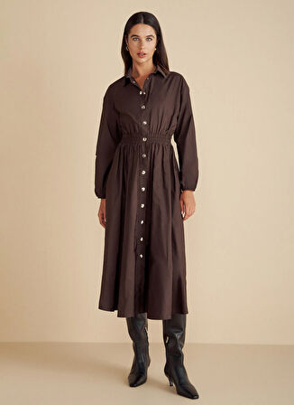 Brooks Brothers Gömlek Yaka Düz Koyu Kahve Midi Kadın Elbise Metal Çıtçıtlı Tafta Midi Gömlek El