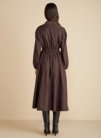 Brooks Brothers Gömlek Yaka Düz Koyu Kahve Midi Kadın Elbise Metal Çıtçıtlı Tafta Midi Gömlek El