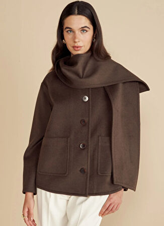 Brooks Brothers Koyu Kahve Kadın Mont Atkı Detaylı Yün Mont