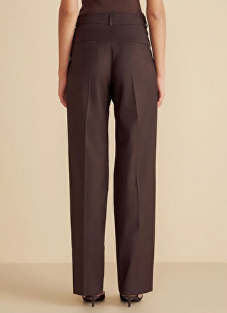 Brooks Brothers Yüksek Bel Regular Fit Koyu Kahve Kadın Pantolon Metal Logolu Çift Pileli Yün Palazz