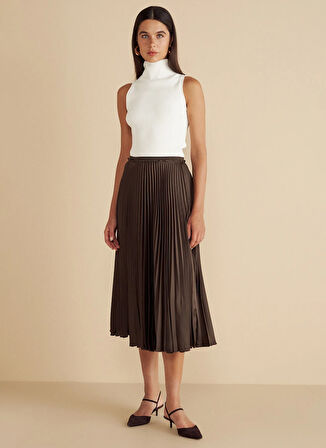 Brooks Brothers Normal Bel Koyu Kahve Kadın Midi Etek Beli Lastikli Pliseli Etek