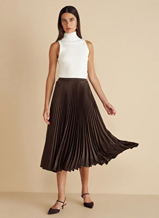 Brooks Brothers Normal Bel Koyu Kahve Kadın Midi Etek Beli Lastikli Pliseli Etek