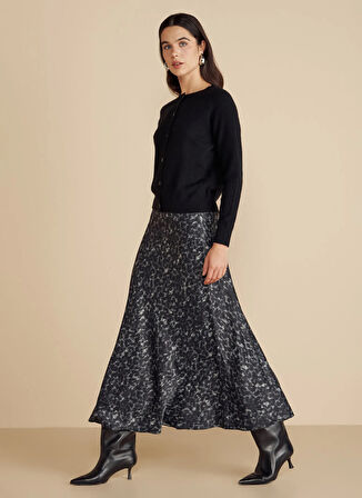 Brooks Brothers Normal Bel Gri - Siyah Kadın Leopar Desenli Midi Etek Leopar Desenli Midi Saten Etek