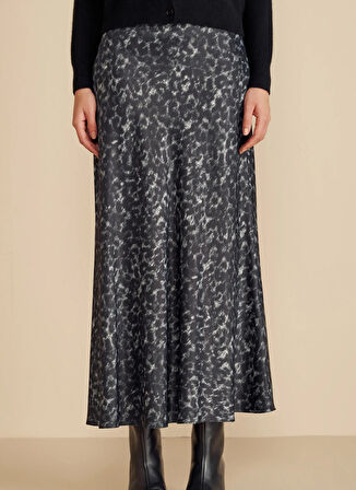 Brooks Brothers Normal Bel Gri - Siyah Kadın Leopar Desenli Midi Etek Leopar Desenli Midi Saten Etek