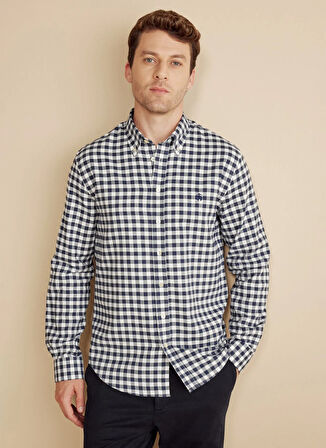 Brooks Brothers Slim Fit Düğmeli Yaka Lacivert - Beyaz Erkek Gömlek BBFW25MSH010