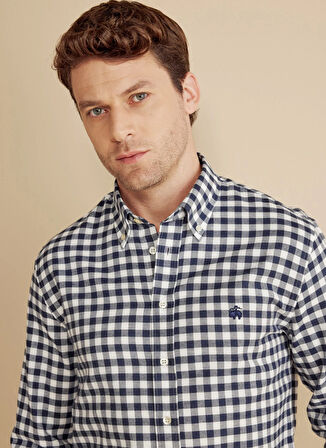 Brooks Brothers Slim Fit Düğmeli Yaka Lacivert - Beyaz Erkek Gömlek BBFW25MSH010
