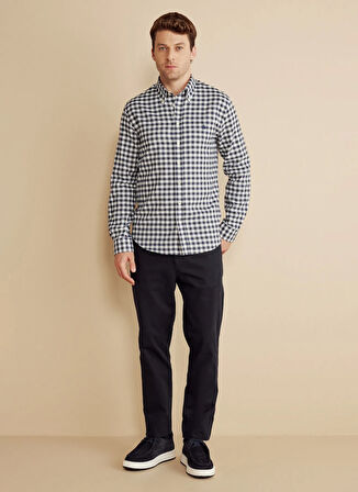 Brooks Brothers Slim Fit Düğmeli Yaka Lacivert - Beyaz Erkek Gömlek BBFW25MSH010