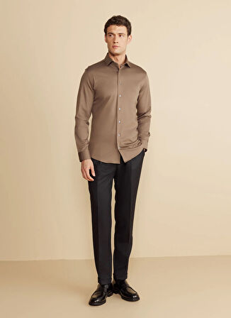 Brooks Brothers Slim Fit İtalyan Yaka Vizon Erkek Gömlek BBFW25MSH032