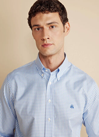 Brooks Brothers Regular Fit Düğmeli Yaka Mavi - Beyaz Erkek Gömlek BBFW25MSH005