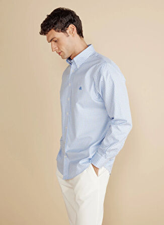 Brooks Brothers Regular Fit Düğmeli Yaka Mavi - Beyaz Erkek Gömlek BBFW25MSH005