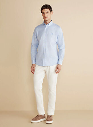 Brooks Brothers Regular Fit Düğmeli Yaka Mavi - Beyaz Erkek Gömlek BBFW25MSH005