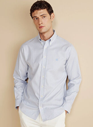 Brooks Brothers Regular Fit Düğmeli Yaka Mavi - Beyaz Erkek Gömlek BBFW25MSH003