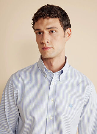 Brooks Brothers Regular Fit Düğmeli Yaka Mavi - Beyaz Erkek Gömlek BBFW25MSH003