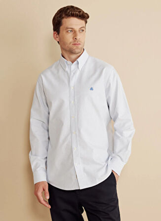 Brooks Brothers Regular Fit Düğmeli Yaka Mavi - Beyaz Erkek Gömlek BBFW25MSH004