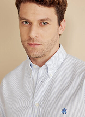 Brooks Brothers Regular Fit Düğmeli Yaka Mavi - Beyaz Erkek Gömlek BBFW25MSH004