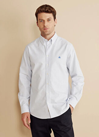 Brooks Brothers Regular Fit Düğmeli Yaka Mavi - Beyaz Erkek Gömlek BBFW25MSH004