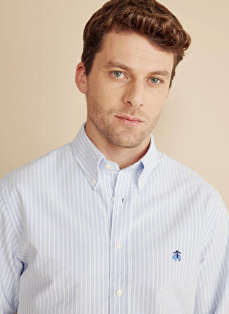 Brooks Brothers Regular Fit Düğmeli Yaka Mavi - Beyaz Erkek Gömlek BBFW25MSH014