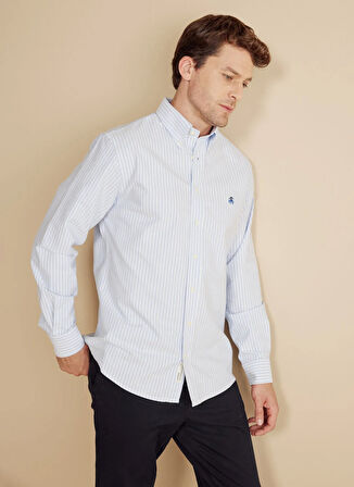 Brooks Brothers Regular Fit Düğmeli Yaka Mavi - Beyaz Erkek Gömlek BBFW25MSH014