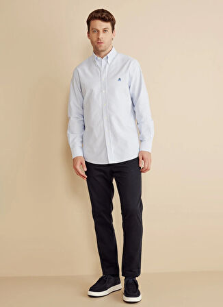 Brooks Brothers Regular Fit Düğmeli Yaka Mavi - Beyaz Erkek Gömlek BBFW25MSH014