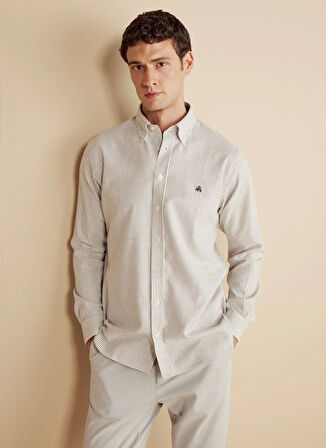 Brooks Brothers Düğmeli Yaka Beyaz - Vizon Erkek Gömlek BBFW25MSH012