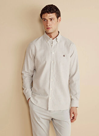 Brooks Brothers Düğmeli Yaka Beyaz - Vizon Erkek Gömlek BBFW25MSH012