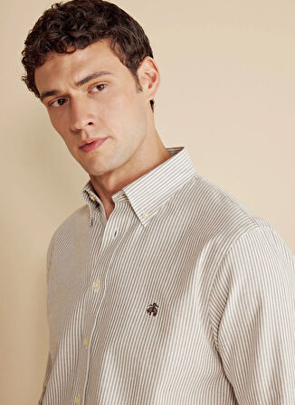 Brooks Brothers Düğmeli Yaka Beyaz - Vizon Erkek Gömlek BBFW25MSH012