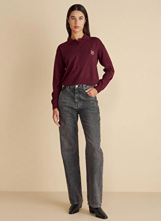 Brooks Brothers Normal Bel Geniş Paça Straight Antrasit Kadın Denim Pantolon Metal Toka Detaylı Straight Fit Den