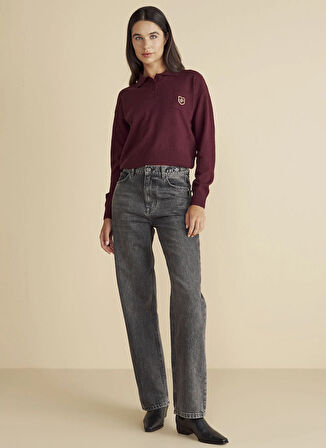 Brooks Brothers Normal Bel Geniş Paça Straight Antrasit Kadın Denim Pantolon Metal Toka Detaylı Straight Fit Den