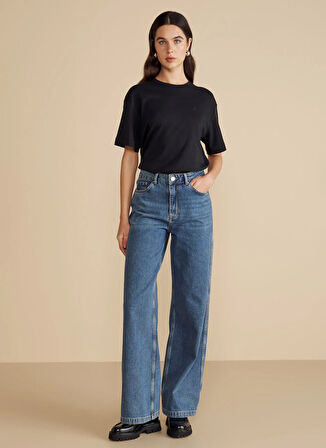 Brooks Brothers Yüksek Bel Geniş Paça Standart Mavi Kadın Denim Pantolon Yüksel Bel Wide Leg Denim Pantolon