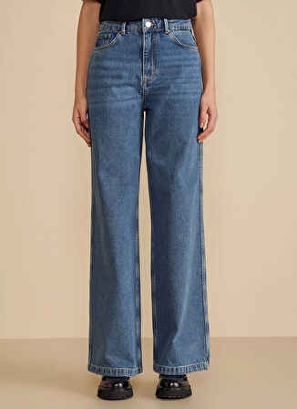 Brooks Brothers Yüksek Bel Geniş Paça Standart Mavi Kadın Denim Pantolon Yüksel Bel Wide Leg Denim Pantolon