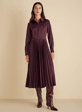 Brooks Brothers Gömlek Yaka Düz Bordo Midi Kadın Elbise Cepli Pliseli Krep Midi Elbise