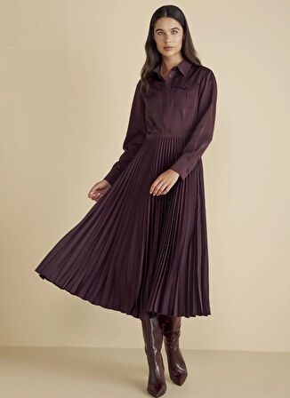 Brooks Brothers Gömlek Yaka Düz Bordo Midi Kadın Elbise Cepli Pliseli Krep Midi Elbise