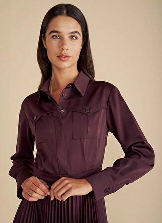 Brooks Brothers Gömlek Yaka Düz Bordo Midi Kadın Elbise Cepli Pliseli Krep Midi Elbise