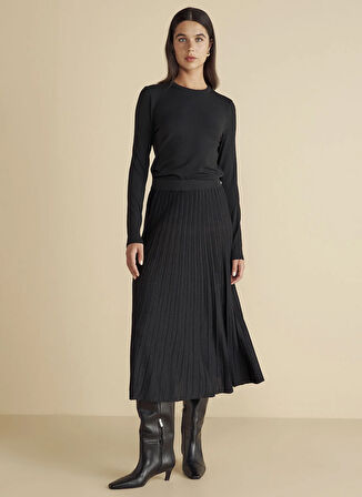 Brooks Brothers Lastikli Bel Siyah Kadın Piliseli Midi Etek Piliseli Triko Etek