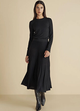 Brooks Brothers Lastikli Bel Siyah Kadın Piliseli Midi Etek Piliseli Triko Etek