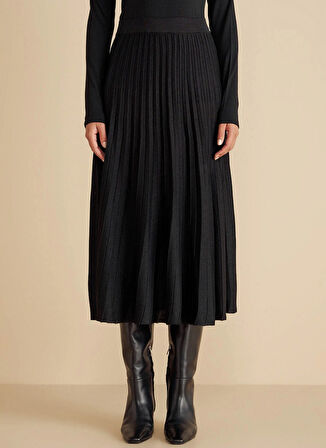 Brooks Brothers Lastikli Bel Siyah Kadın Piliseli Midi Etek Piliseli Triko Etek