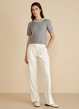 Brooks Brothers Yüksek Bel Standart Ekru Kadın Pantolon Metal Logolu Çift Pileli Palazzo Pa