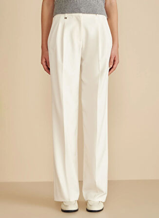 Brooks Brothers Yüksek Bel Standart Ekru Kadın Pantolon Metal Logolu Çift Pileli Palazzo Pa