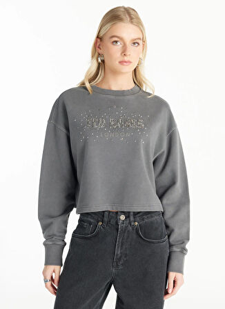 Ted Baker Bisiklet Yaka Taşlı Antrasit Kadın Sweatshırt TBWRTS1033