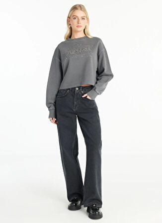 Ted Baker Bisiklet Yaka Taşlı Antrasit Kadın Sweatshırt TBWRTS1033