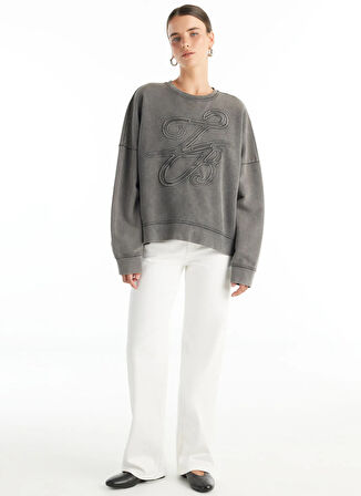 Ted Baker Bisiklet Yaka Nakışlı Antrasit Kadın Sweatshırt TBWRTS1081