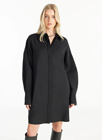 Ted Baker Gömlek Yaka Düz Siyah Mini Kadın Elbise TBWRDR1001