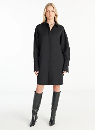 Ted Baker Gömlek Yaka Düz Siyah Mini Kadın Elbise TBWRDR1001