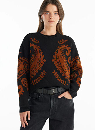 Ted Baker Bisiklet Yaka Standart Jakarlı Siyah Kazak Kadın TBWRKW1023