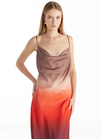 Ted Baker Degaje Yaka Desenli Kırmızı Uzun Kadın Elbise TBWRDR1016