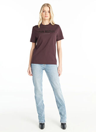 Ted Baker Bisiklet Yaka Baskılı Bordo Kadın T-Shirt TBWRTS1029